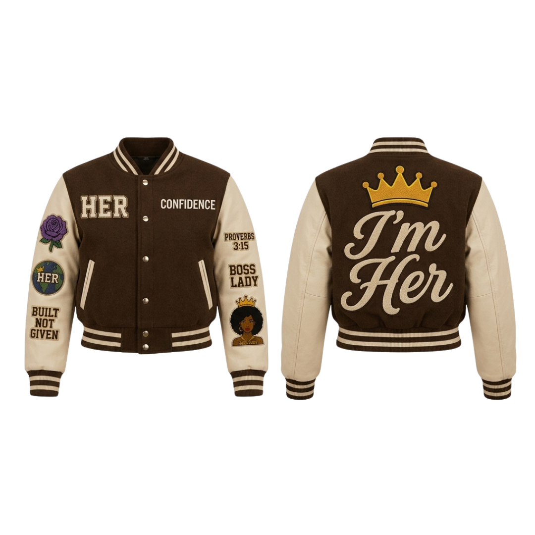 I'm Her Signature Varsity Jacket - Full Brown/Cream