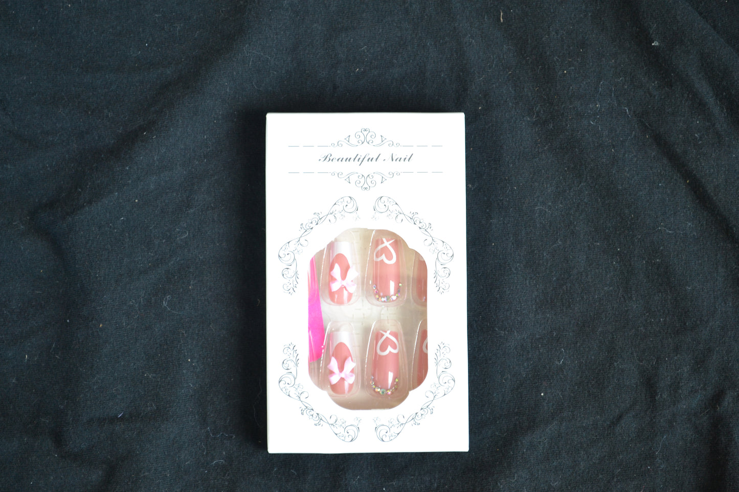 Elegant Pink Bow & Heart Rhinestone Press on Nail