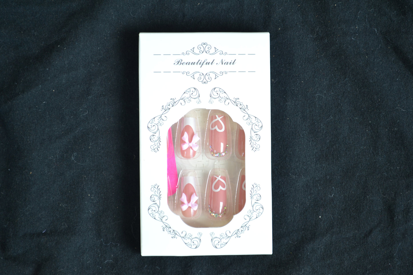Elegant Pink Bow & Heart Rhinestone Press on Nail