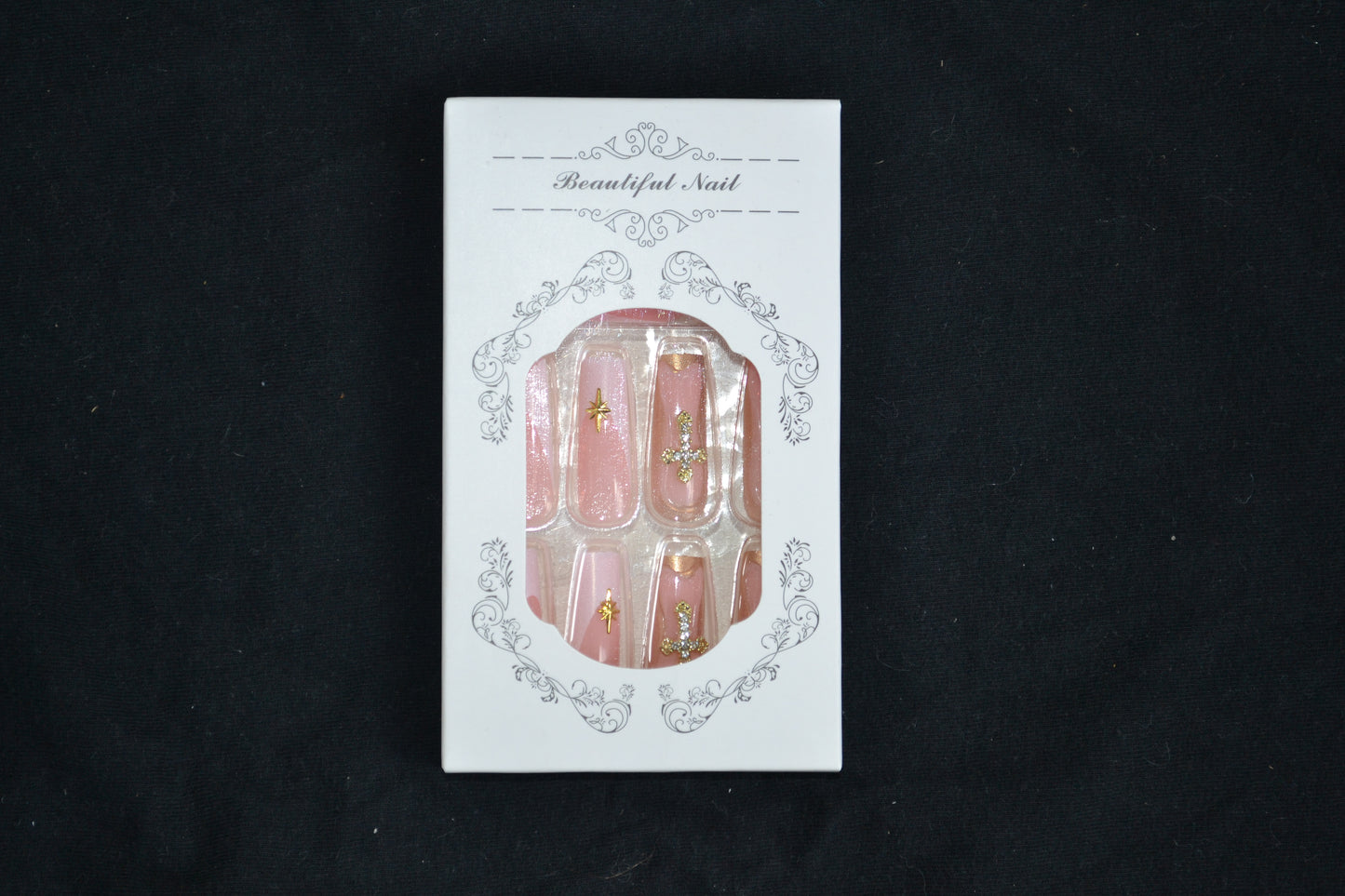 Gold Cross Charm Pink Press-On Nails