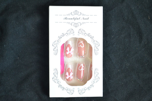 Elegant Pink Bow & Heart Rhinestone Press on Nail