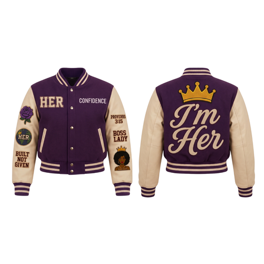 I'm Her Signature Varsity Jacket - Cropped Purple/Cream