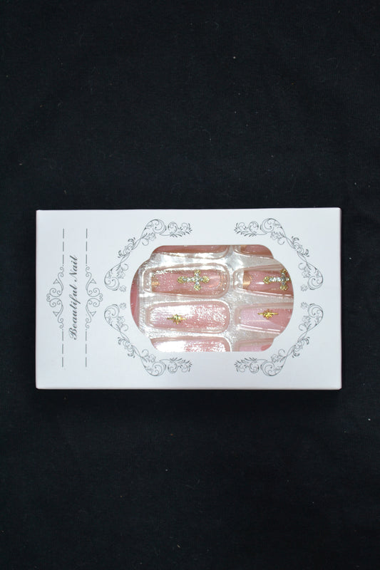 Gold Cross Charm Pink Press-On Nails